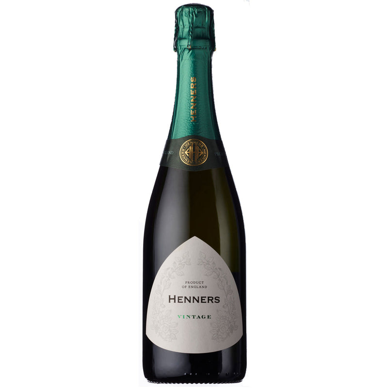 A bottle of Henners Vintage sparkling wine with a dark glass body, a teal foil neck wrap, and a white teardrop-shaped label.