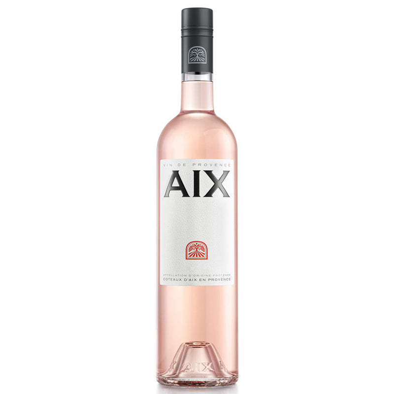 A bottle of Aix Provence Rose containing pale pink wine. It has a white label with bold black lettering and a black screw cap.
