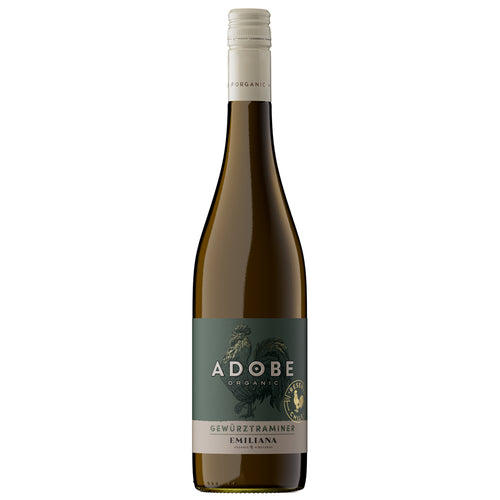 A bottle of Adobe Organic Gewürztraminer white wine, featuring a dark olive green label with a rooster illustration and a cream-colored neck foil, set against a plain white background.