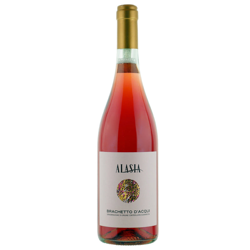 A bottle of Alasia Brachetto d'Acqui rosé wine with a gold foil capsule and a white label, shown against a plain white background.
