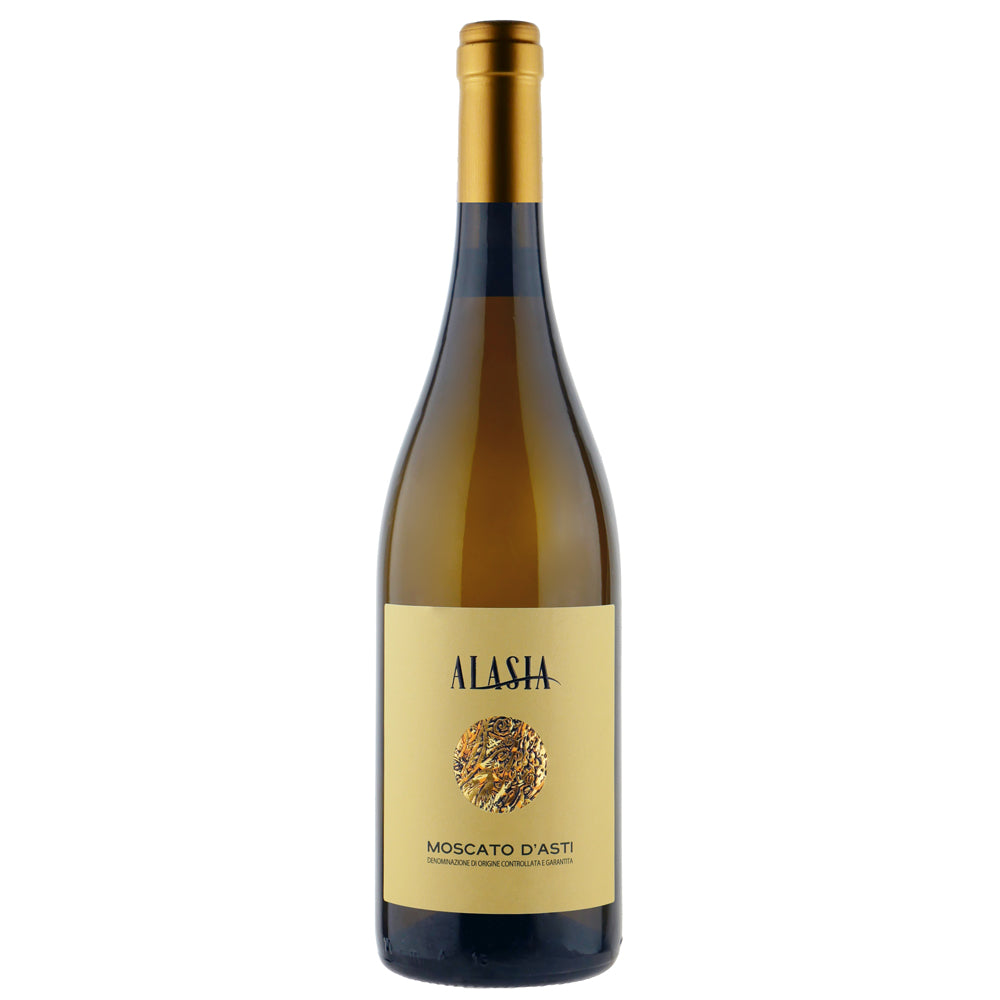 A bottle of Alasia Moscato d'Asti white wine with a gold foil neck wrap and a beige label featuring a gold seal, set against a plain white background.