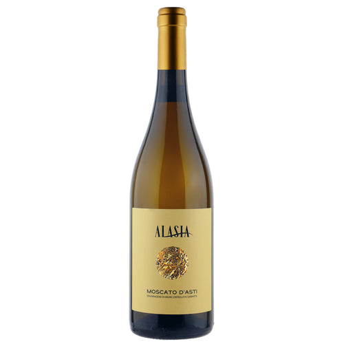 A bottle of Alasia Moscato d'Asti white wine with a gold foil neck wrap and a beige label featuring a gold seal, set against a plain white background.