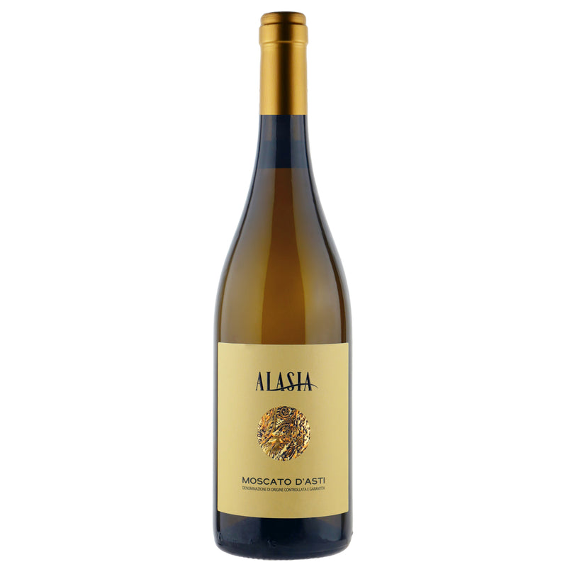 A bottle of Alasia Moscato d'Asti white wine with a gold foil neck wrap and a beige label featuring a gold seal, set against a plain white background.