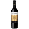 A bottle of Alianca Baga Bairrada red wine, featuring a black glass bottle with a black neck wrap and a label that has a white top section and a gold honeycomb-patterned bottom section.