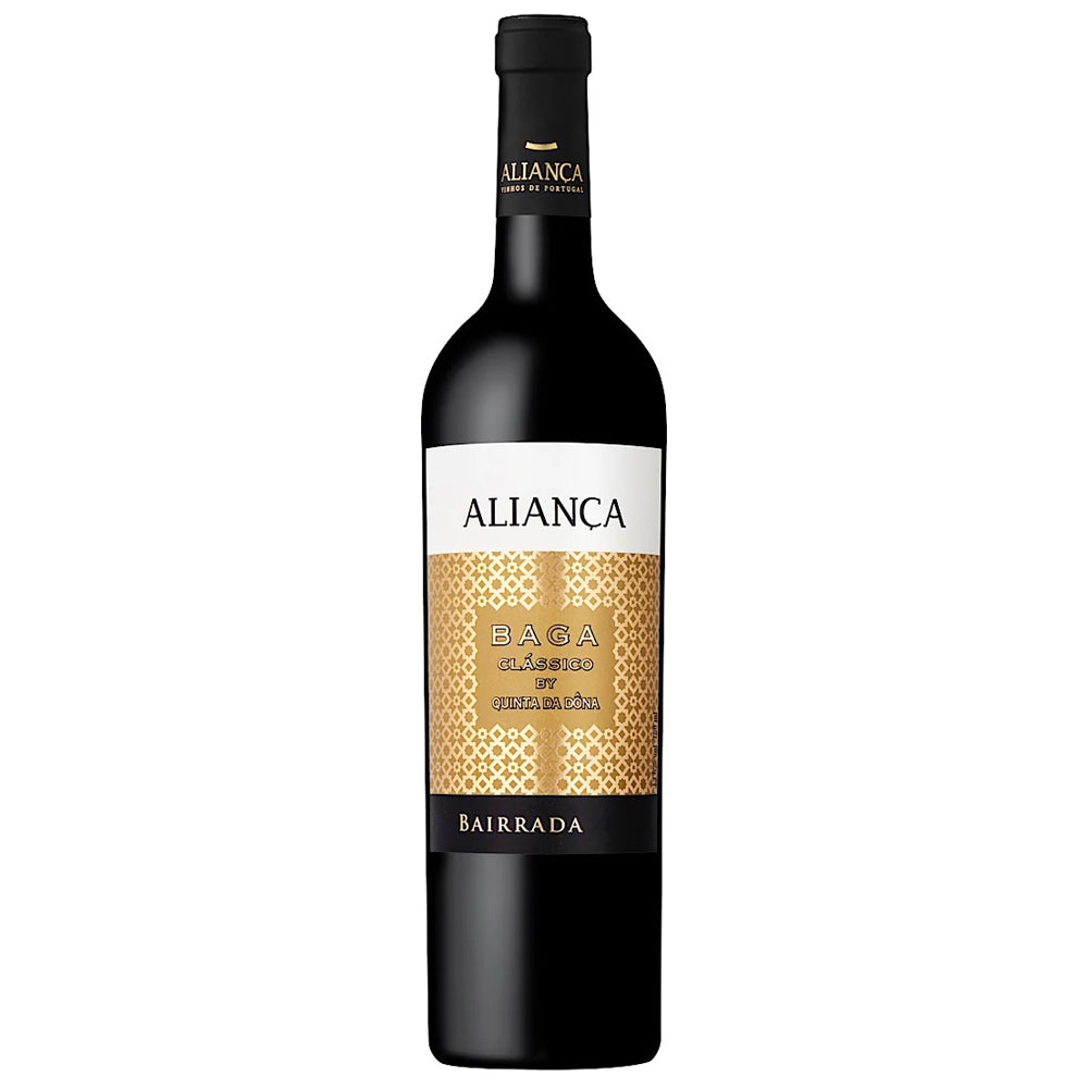 A bottle of Alianca Baga Bairrada red wine, featuring a black glass bottle with a black neck wrap and a label that has a white top section and a gold honeycomb-patterned bottom section.