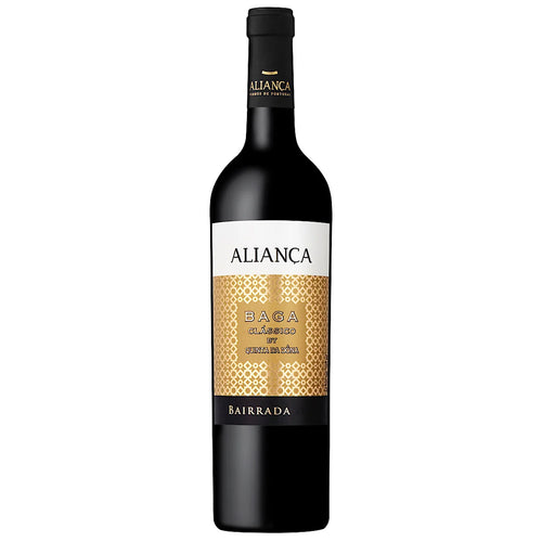 A bottle of Alianca Baga Bairrada red wine, featuring a black glass bottle with a black neck wrap and a label that has a white top section and a gold honeycomb-patterned bottom section.