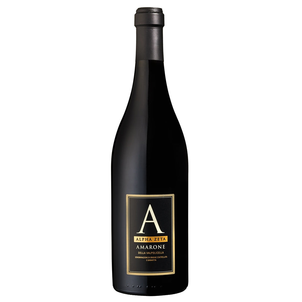 A dark, brooding bottle of Alpha Zeta Amarone. The label has a large A with gold writing and a black foil capsule.