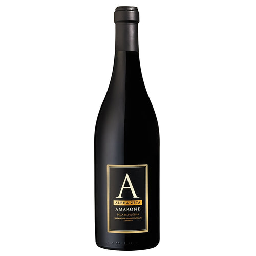 A dark, brooding bottle of Alpha Zeta Amarone. The label has a large A with gold writing and a black foil capsule.