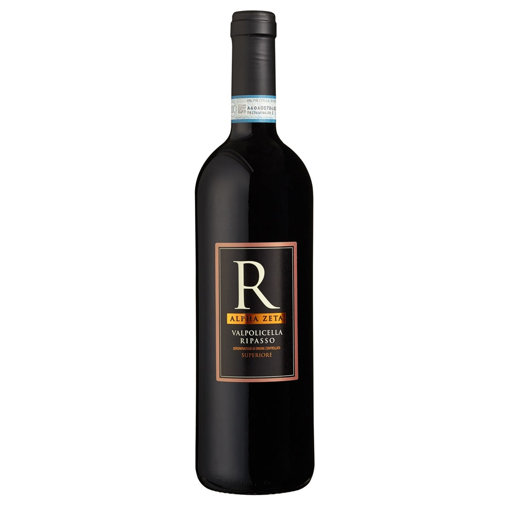 A bottle of Alpha Zeta Valpolicella Ripasso wine, featuring a black glass bottle with a black label and a gold-bordered logo, set against a plain white background.