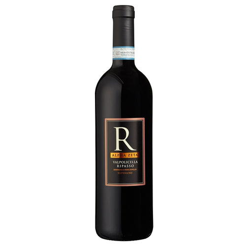 A bottle of Alpha Zeta Valpolicella Ripasso wine, featuring a black glass bottle with a black label and a gold-bordered logo, set against a plain white background.