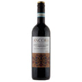 A bottle of Ancora Montepulciano d'Abruzzo. It has a white and brown label with an ornate image. It has a black and gold screw cap and is isolated on a white background.