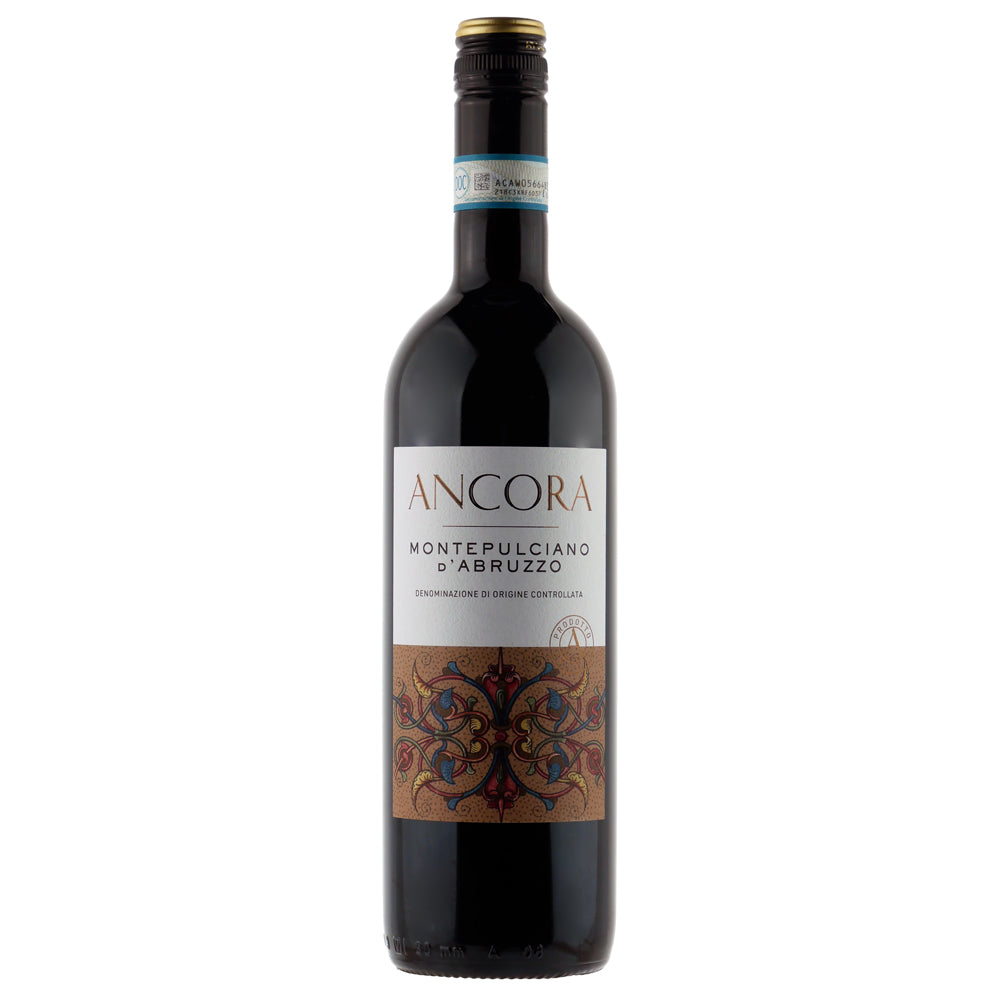 A bottle of Ancora Montepulciano d'Abruzzo. It has a white and brown label with an ornate image. It has a black and gold screw cap and is isolated on a white background.