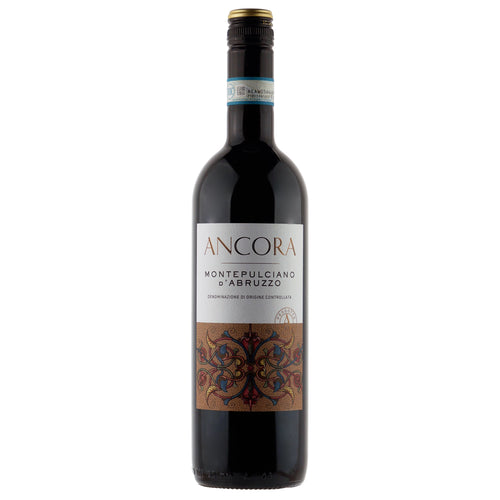 A bottle of Ancora Montepulciano d'Abruzzo. It has a white and brown label with an ornate image. It has a black and gold screw cap and is isolated on a white background.
