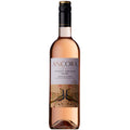 A bottle of Ancora Pinot Grigio Rose wine. With a a white label and two peacocks at the bottom, a black a gold screw cap. All set on a white background.