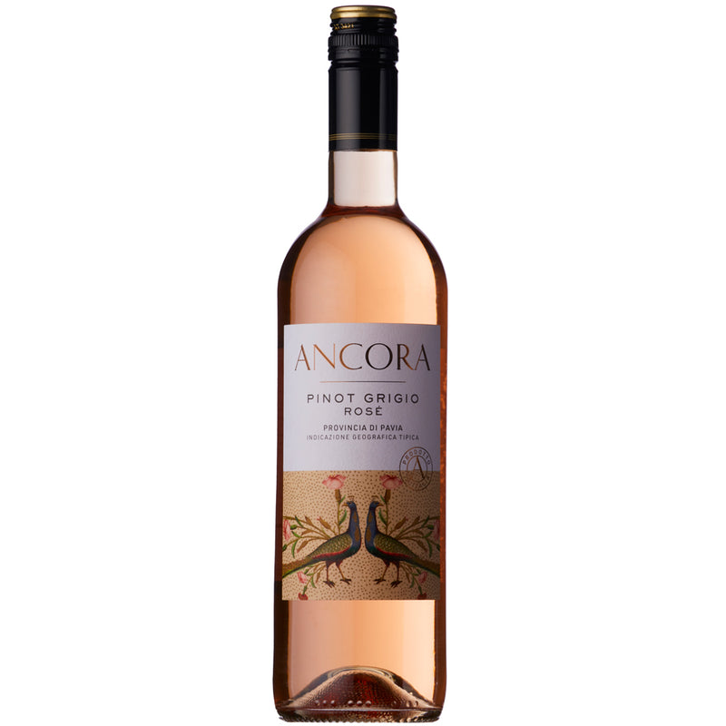 A bottle of Ancora Pinot Grigio Rose wine. With a a white label and two peacocks at the bottom, a black a gold screw cap. All set on a white background.