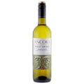 A bottle of Ancora Pinot Grigio white wine with a white label and an ornate romanesque image. It has a black and old screw cap all set on a white background.