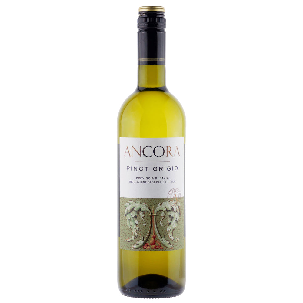 A bottle of Ancora Pinot Grigio white wine with a white label and an ornate romanesque image. It has a black and old screw cap all set on a white background.