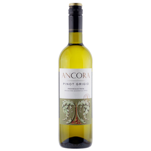 A bottle of Ancora Pinot Grigio white wine with a white label and an ornate romanesque image. It has a black and old screw cap all set on a white background.