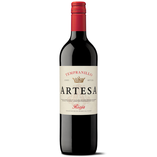 A bottle of Artesa Tempranillo Rioja red wine, featuring a dark glass bottle, a cream-coloured label with red and black text, and a red foil capsule at the neck, set against a plain white background.