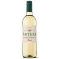 A bottle of Viura Artesa Rioja white wine, a cream-coloured label with green and red text, and a dark green screw cap, set against a plain white background.