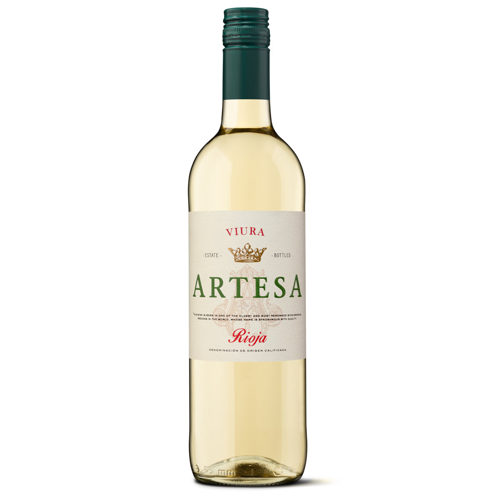 A bottle of Viura Artesa Rioja white wine, a cream-coloured label with green and red text, and a dark green screw cap, set against a plain white background.