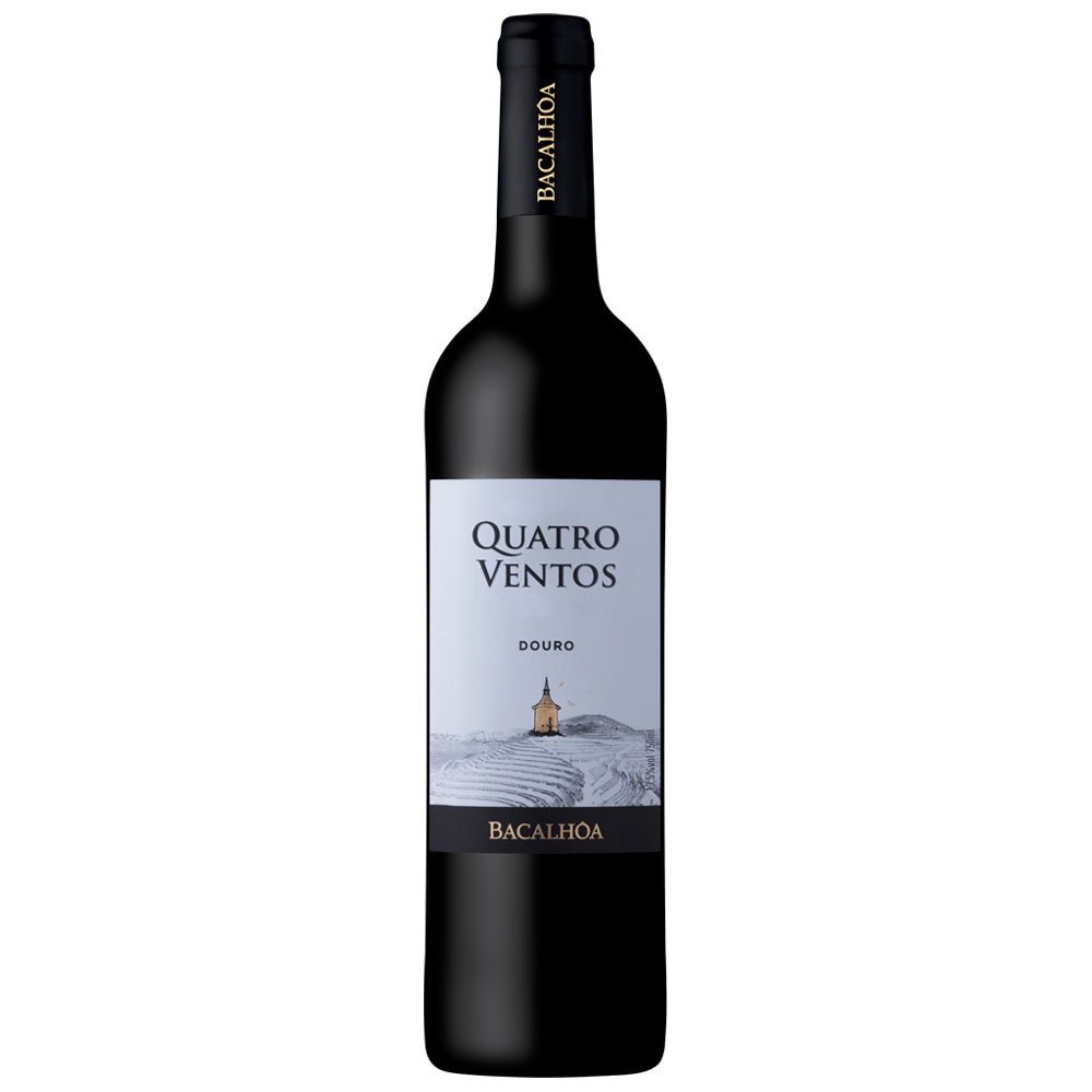A bottle of Bacalhoa Quatro Ventos Douro red wine, featuring a dark glass bottle with a white and gray label and gold lettering, set against a plain white background.