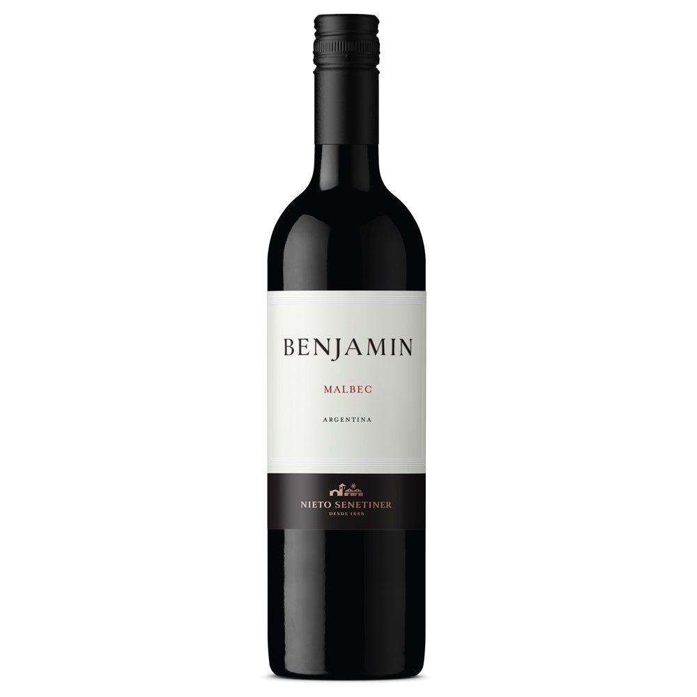 A bottle of Benjamin Malbec wine from Nieto Senetiner, featuring a dark glass bottle with a black cap and a white label with black and red text.