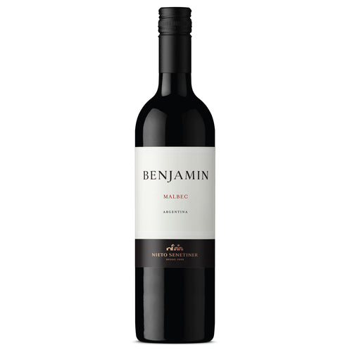 A bottle of Benjamin Malbec wine from Nieto Senetiner, featuring a dark glass bottle with a black cap and a white label with black and red text.