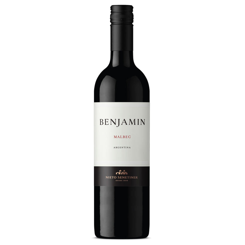 A bottle of Benjamin Malbec wine from Nieto Senetiner, featuring a dark glass bottle with a black cap and a white label with black and red text.