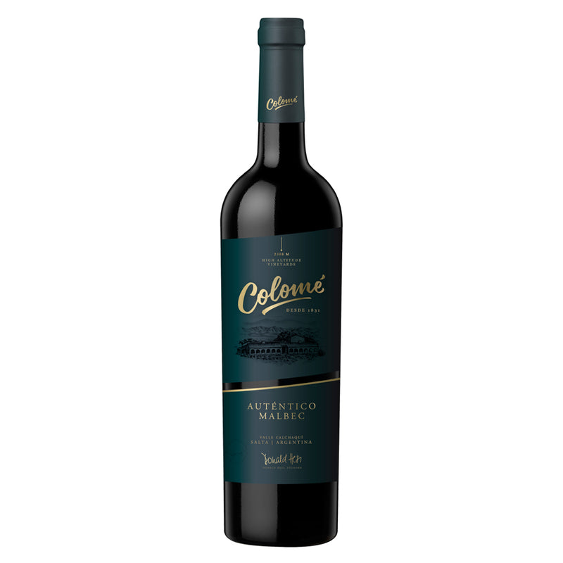 A bottle of Colome Auténtico Malbec red wine, featuring a dark teal label with gold lettering and a dark green capsule, set against a plain white background.