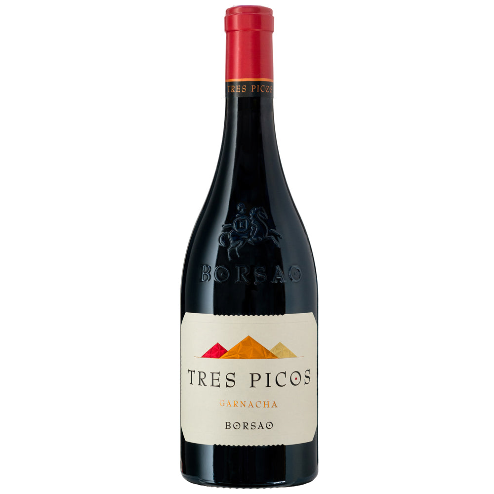 A bottle of Borsao Tres Picos Garnacha red wine, featuring a dark glass bottle with a cream-coloured label, a red mountain graphic, and a red foil capsule on the neck, set against a plain white background.