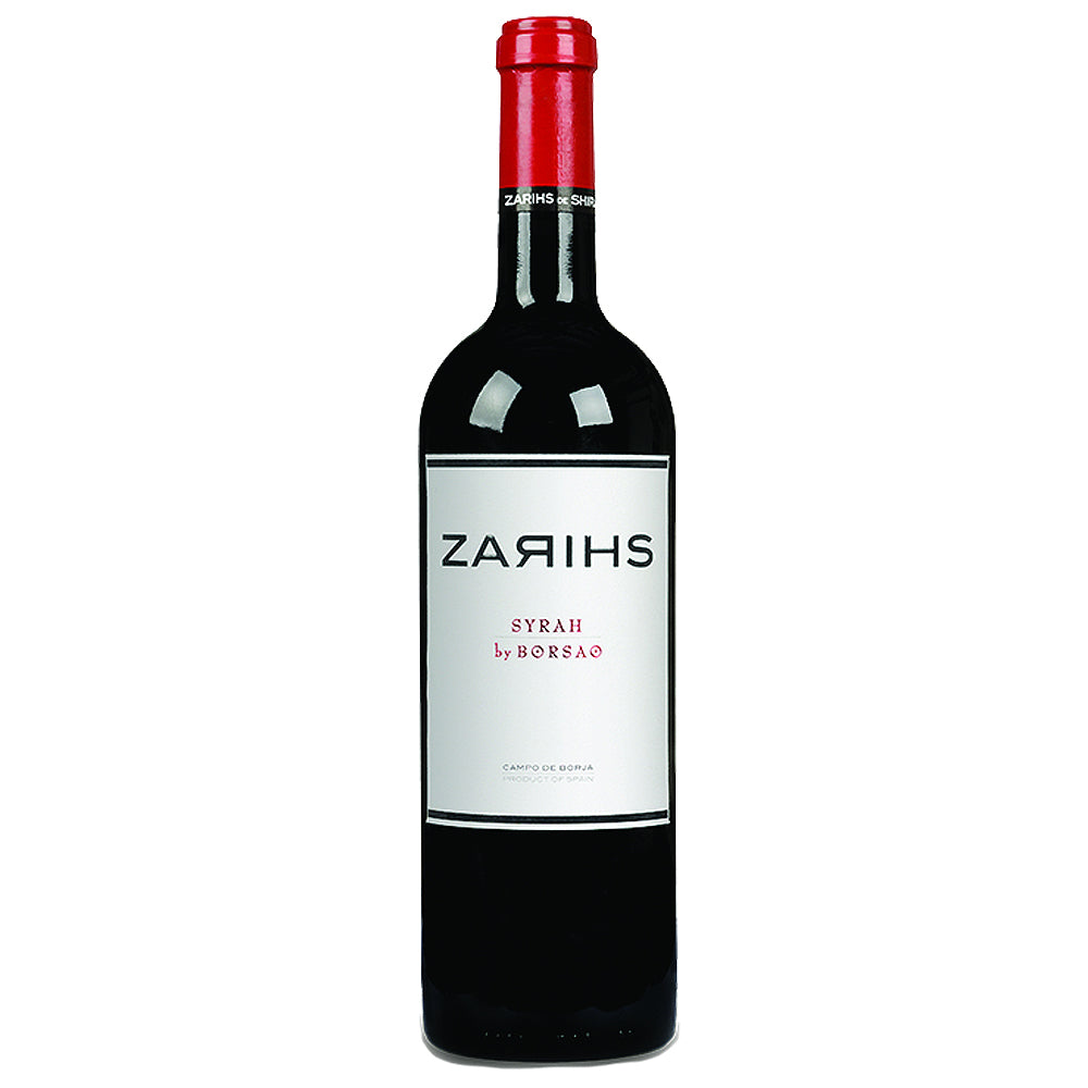 A bottle of Borsao Zarihs Syrah red wine, featuring a dark glass bottle with a white label and a red foil capsule at the neck, set against a plain white background.