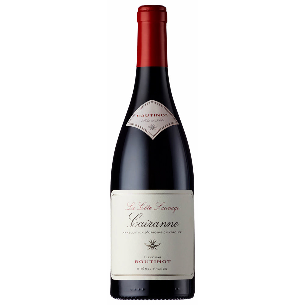 A bottle of Boutinot Cote Sauvage Cairanne red wine. It has a white label with black writing and a small picture of a bee. The bottle has a red foil capsule