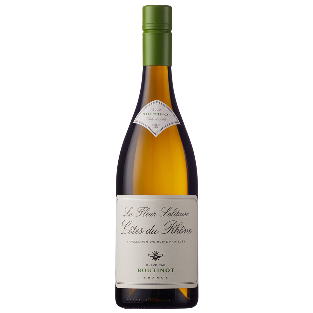 A bottle of Boutinot La Fleur Solitaire Cotes du Rhone white wine. It has a white label with black writing. It has a green screw cap.