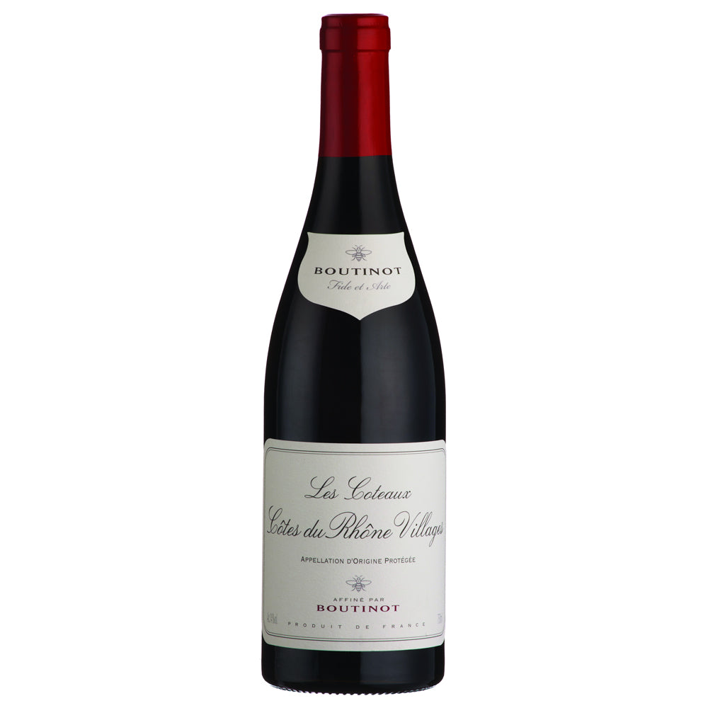 A bottle of Boutinot Les Coteaux Cotes du Rhone Villages with a white label with a bee on it on and a red foil capsule and white background.