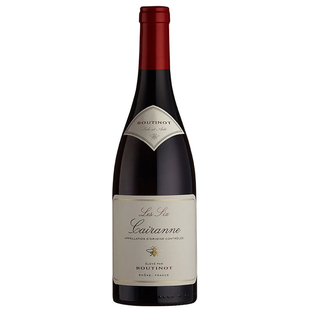 A bottle of Boutinot Les Six Cairanne. It has a white label with red and black writing and an image of a bee. It has a red foil capsule.