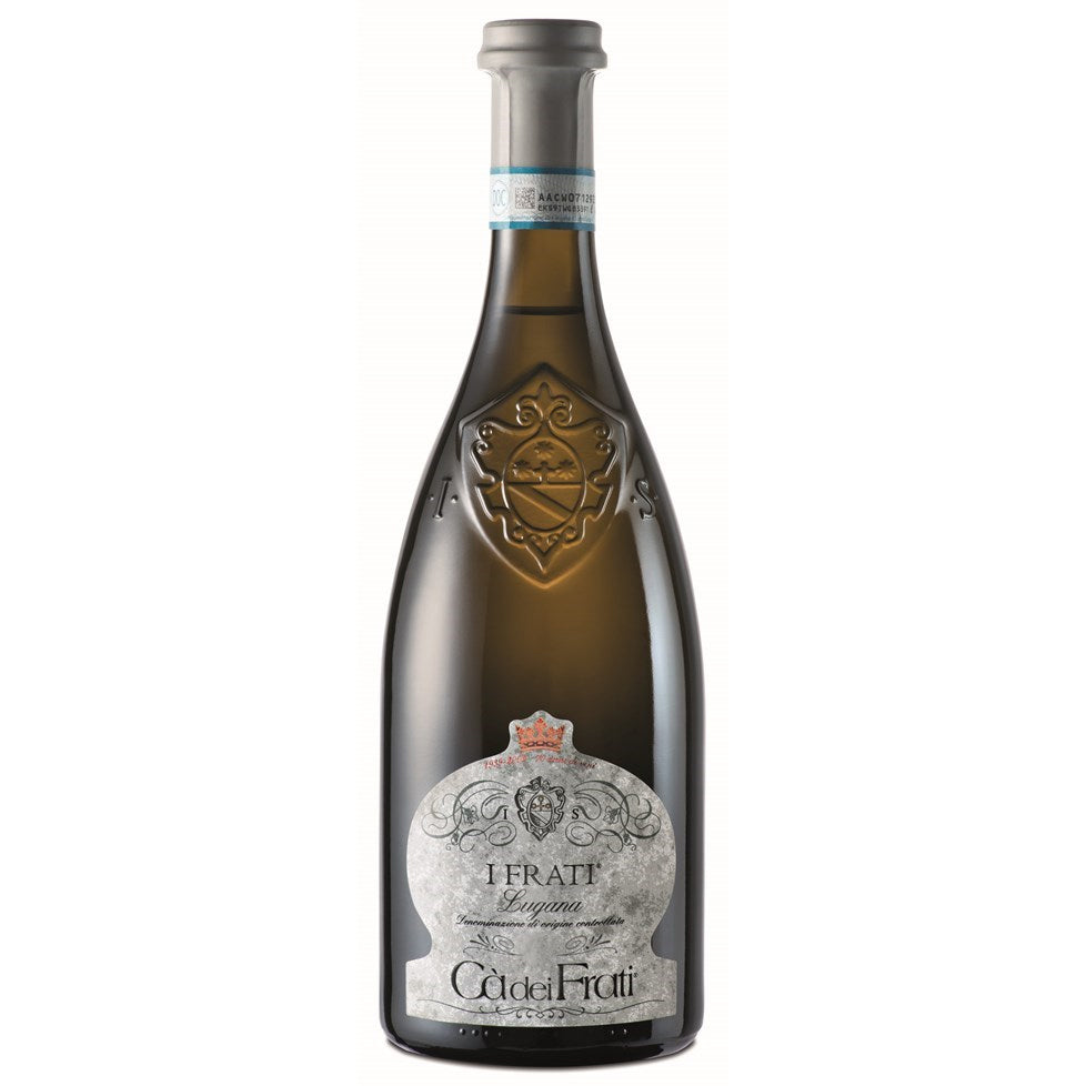 A bottle of Ca dei Frati I Frati white wine, featuring a dark glass bottle with a silver foil capsule and a detailed silver and gold label.
