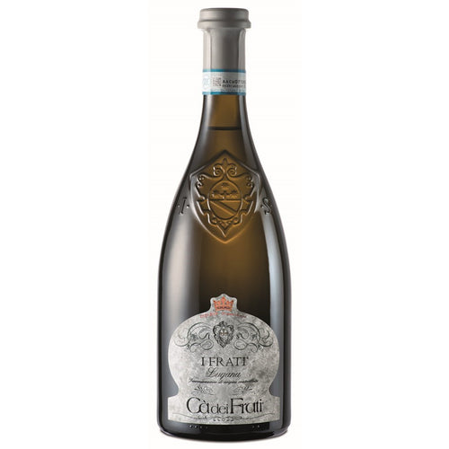A bottle of Ca dei Frati I Frati white wine, featuring a dark glass bottle with a silver foil capsule and a detailed silver and gold label.
