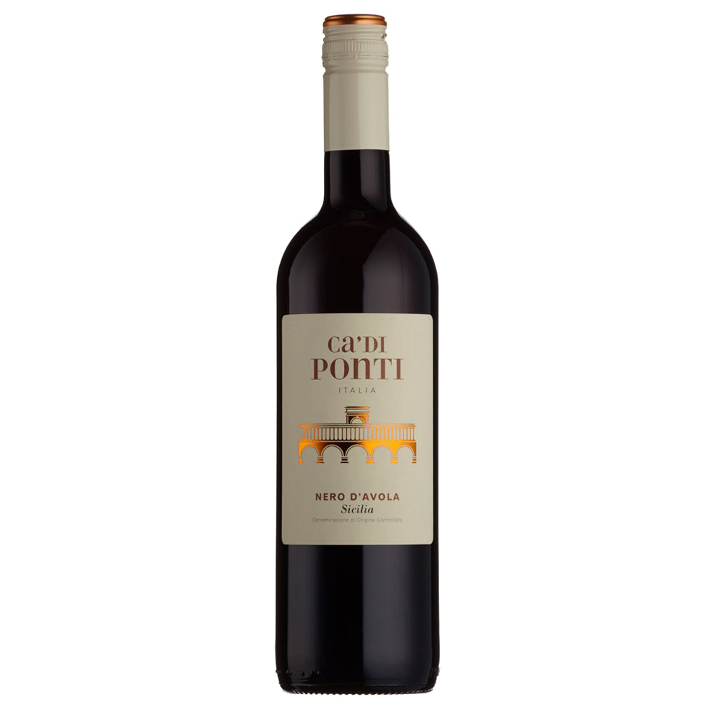 A bottle of Ca'di Ponti Nero D'Avola Sicilian red wine, featuring a dark glass bottle with a cream-coloured label and a metallic gold cap, set against a plain white background.