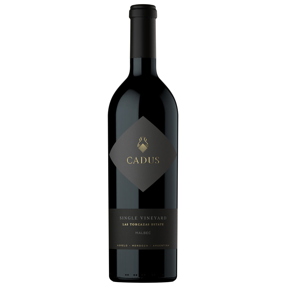 A bottle of Cadus Single Vineyard Malbec from the La Torcazas Estate, featuring a dark glass bottle with a black capsule and a dark grey diamond-shaped label with gold lettering.