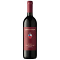 A bottle showing Campogiovanni Rosso di Montalcino. It has a dark red label with a dark red foil capsule. All set on a white bakground.