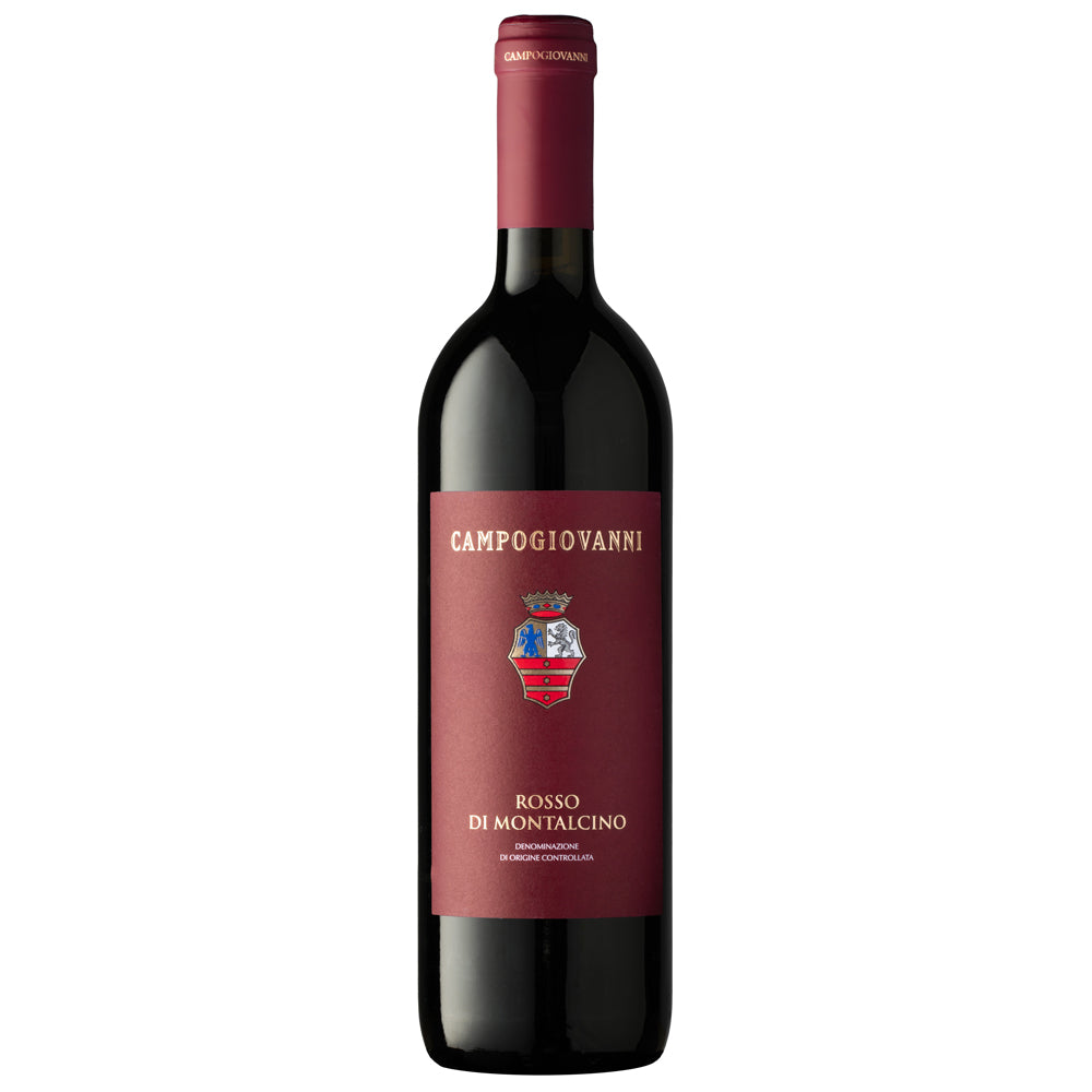 A bottle showing Campogiovanni Rosso di Montalcino. It has a dark red label with a dark red foil capsule. All set on a white bakground.