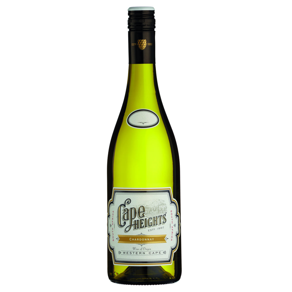 A bottle of Cape Heights Chardonnay from Western Cape, featuring a vibrant yellow-green glass bottle with a black screw cap and a cream-coloured label.