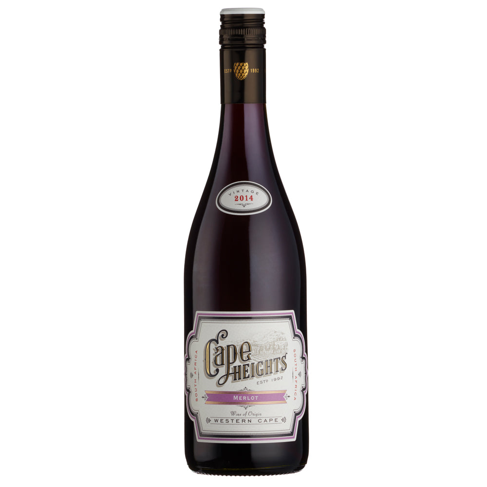 A bottle of Cape Heights Merlot red wine from Western Cape, South Africa, featuring a dark glass bottle with a cream and purple label and a gold foil seal at the neck, set against a plain white background.