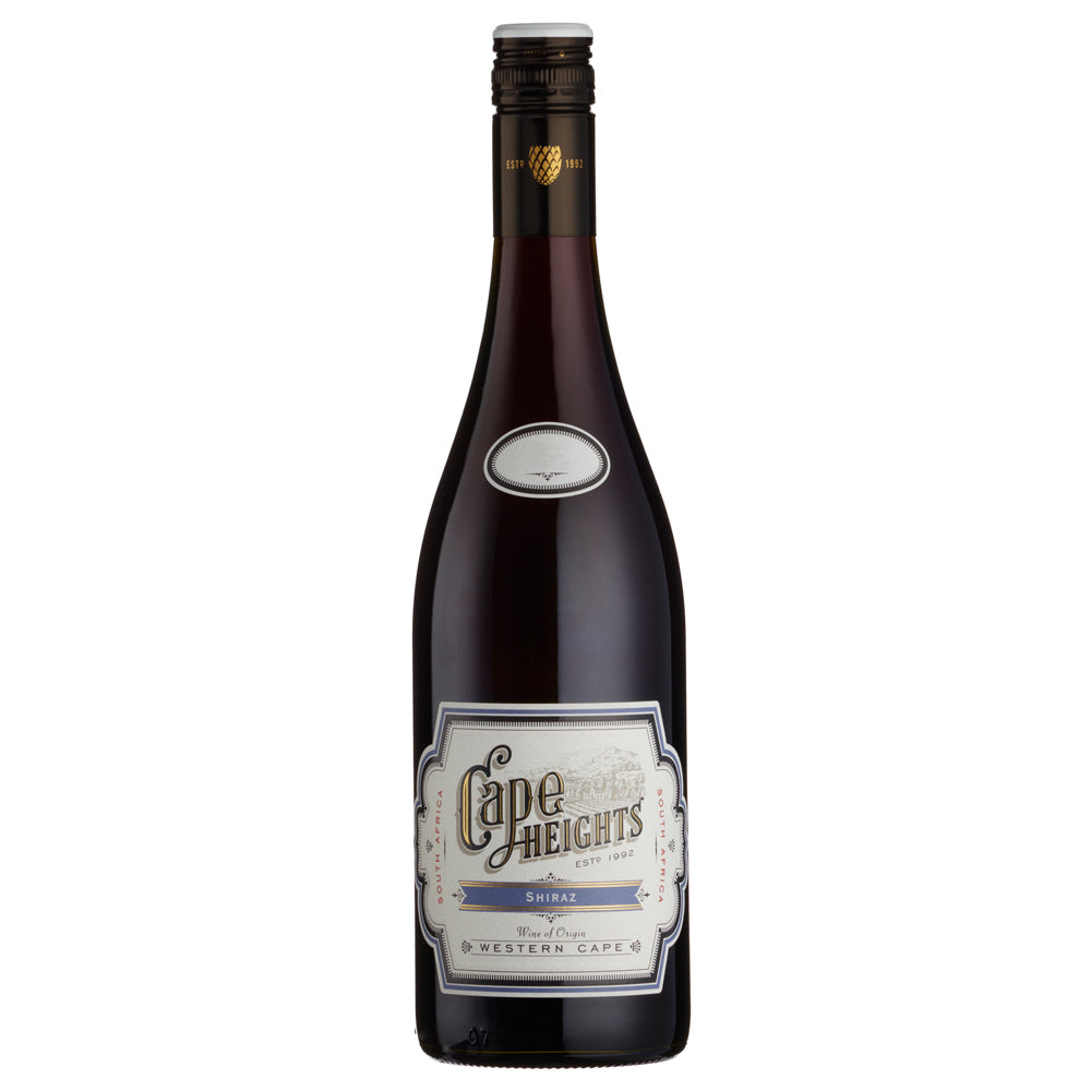 A bottle of Cape Heights Shiraz from the Western Cape, featuring a dark glass bottle with a cream and blue label and a gold foil seal at the neck, set against a plain white background.
