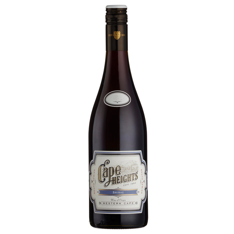 A bottle of Cape Heights Shiraz from the Western Cape, featuring a dark glass bottle with a cream and blue label and a gold foil seal at the neck, set against a plain white background.