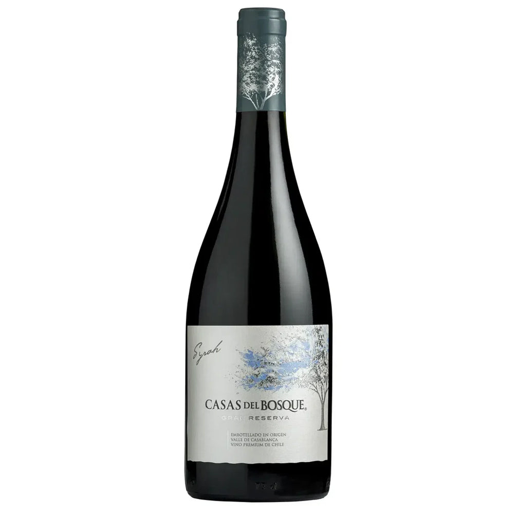 A bottle of Casas del Bosque Reserva Syrah red wine on a solid white background. The bottle is dark glass with a silver label featuring a blue bird and tree illustration, and a dark grey capsule at the top.