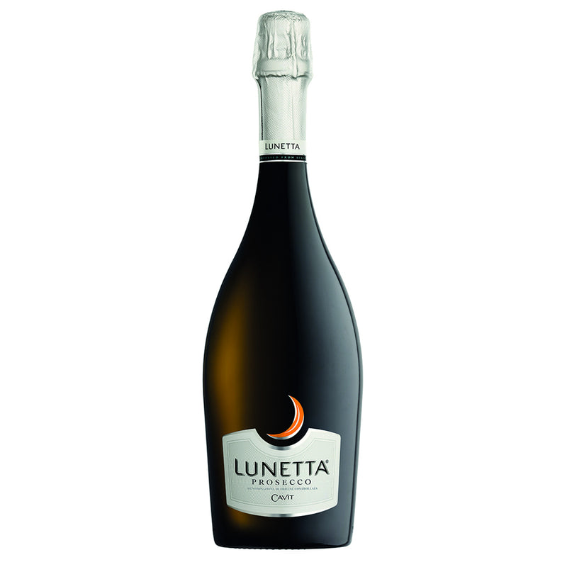 A bottle of Cavit Lunetta Prosecco sparkling wine, featuring a dark glass bottle with a white and orange crescent moon label, on a solid white background.