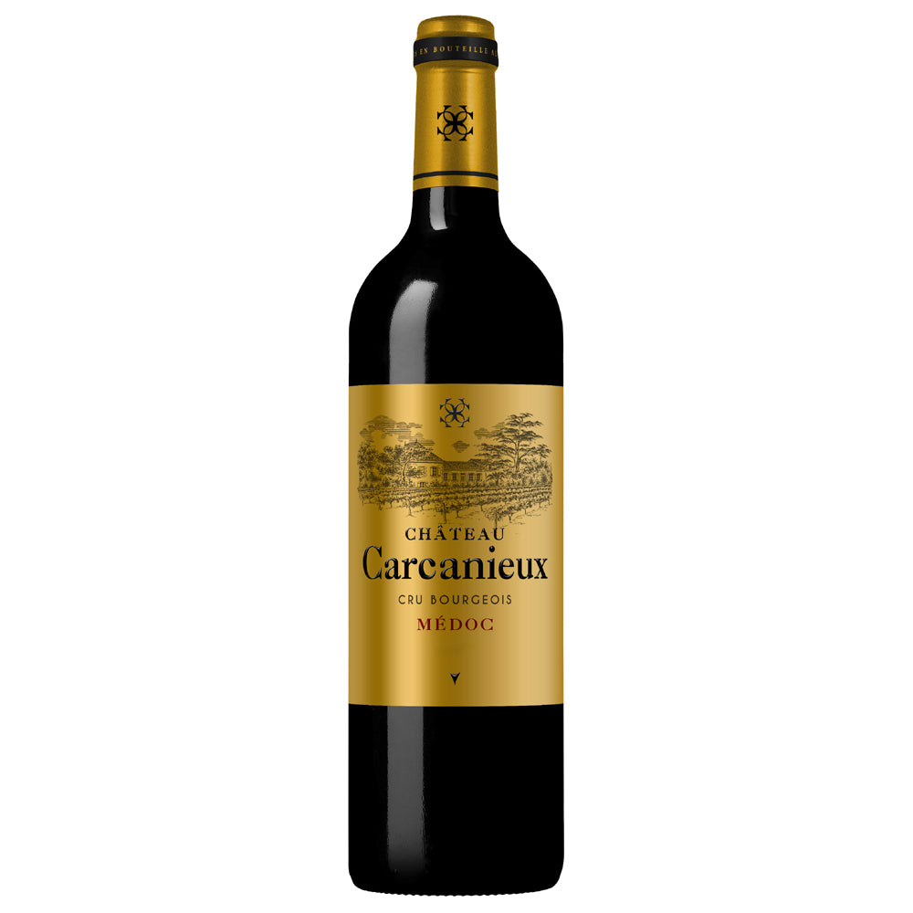 A bottle of Chateau Carcanieux red wine with a gold label and gold foil capsule. All set on a white background.