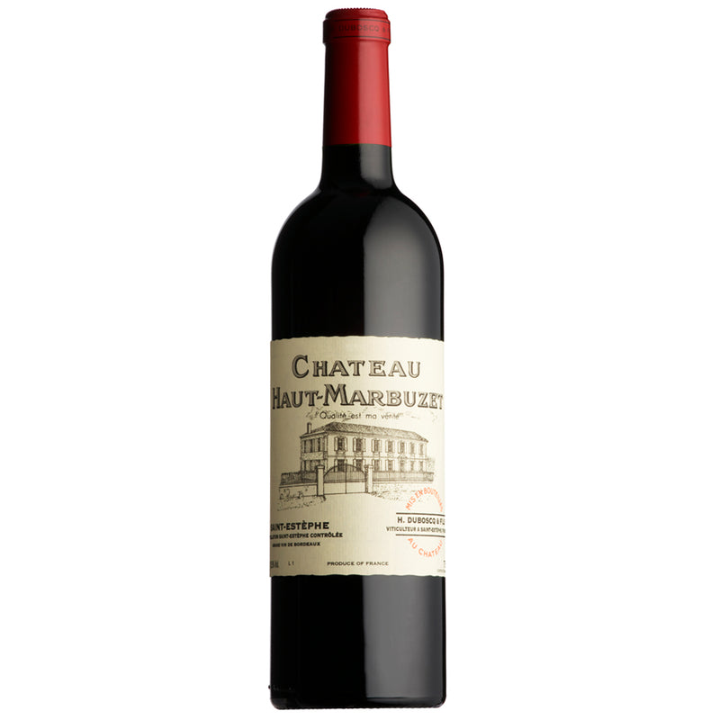 A bottle of Chateau Haut-Marbuzet red wine with a dark glass body, cream-colored label, and a red foil capsule at the neck, isolated on a white background.